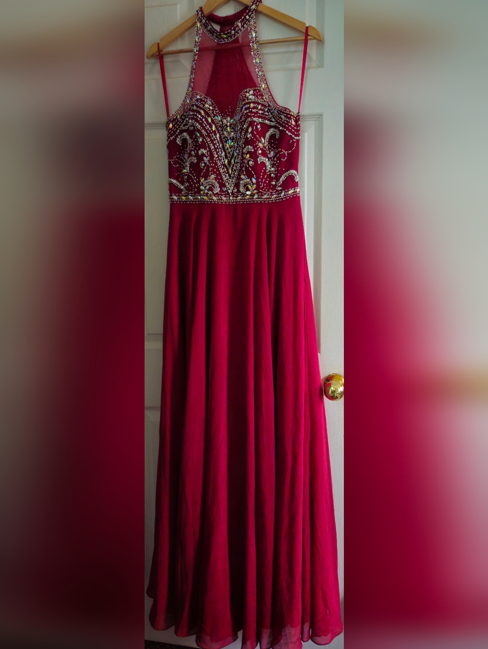 Embellished Halter Burgundy Evening Dress